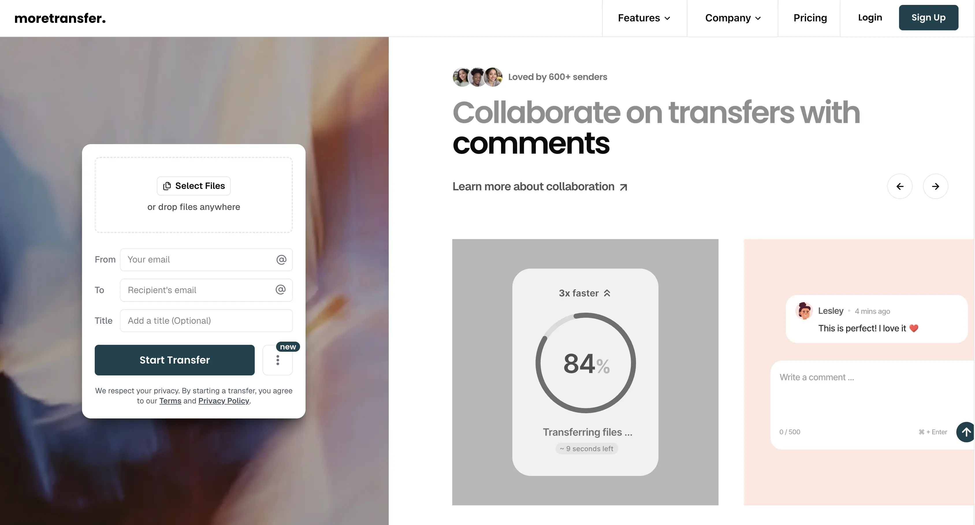 MoreTransfer landing page MoreTransfer Página de inicio